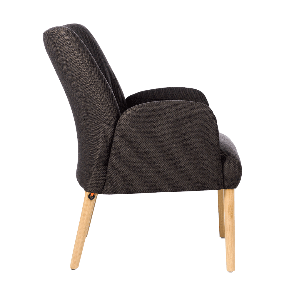 Mobitec :: Enora brown upholstered armchair with armrests, width 69 cm, wooden legs