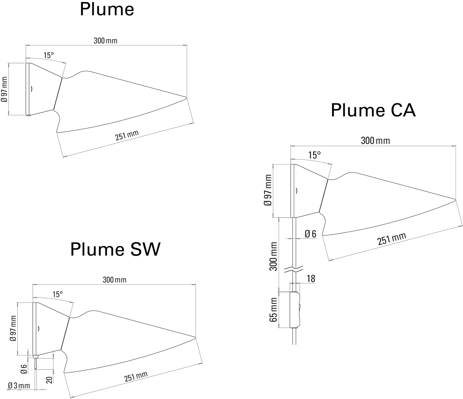 DCW:: Wandleuchte/Wandleuchte Plume, weißer Porzellanschirm, Tiefe 30 cm