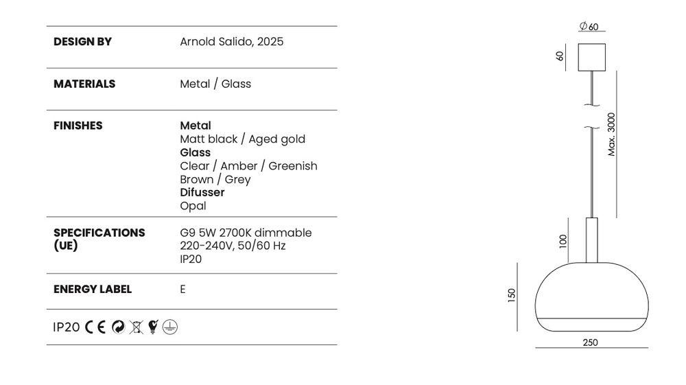 Aromas :: Lampa wisząca Cloud dymny klosz / czarny metal