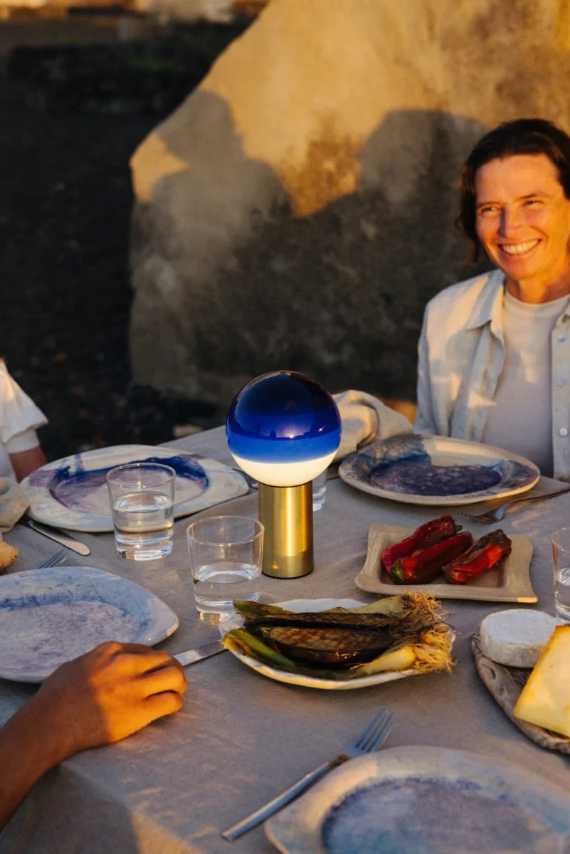 Marset :: Dipping table lamp, height 22.2 cm, blue and brass