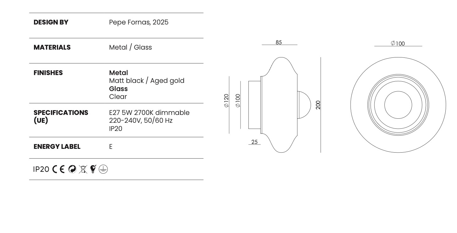 Aromas :: Lampa ścienna / kinkiet Vitree śr. 20 cm transparentne szkło / złoty metal
