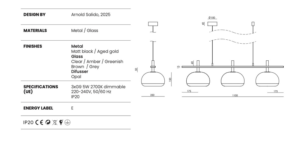 Aromas :: Lampa wisząca Cloud szer.110 cm klosz transparentny / złoty metal