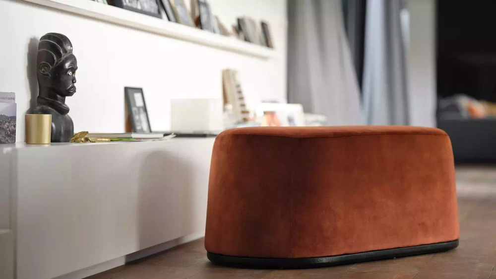 Mobitec :: Bolero gray upholstered 2-seater bench/pouffe with wooden base, width 111 cm