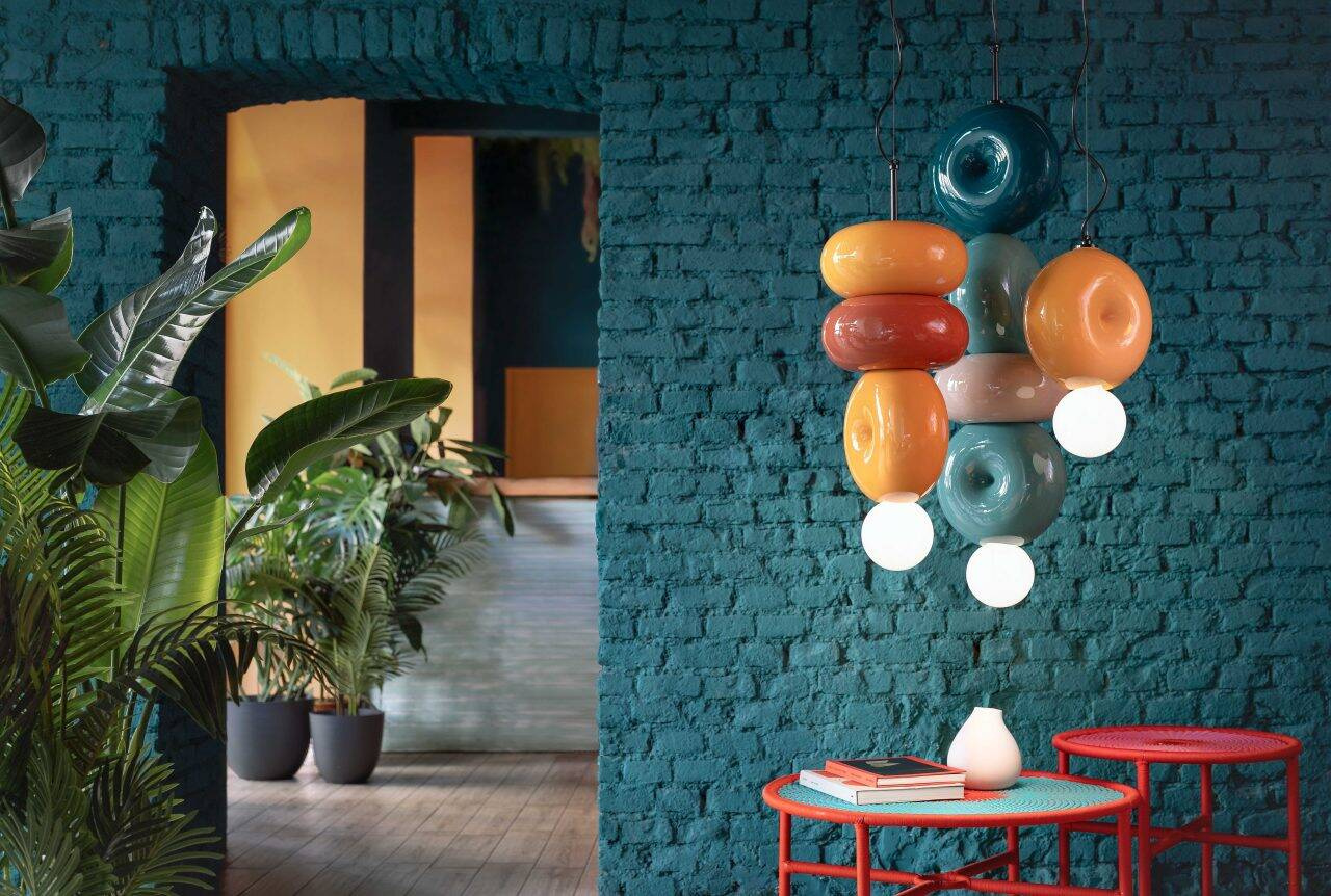 Ferroluce :: Bumbum 3 hanging lamp, height 50 cm, ceramic, yellow and red