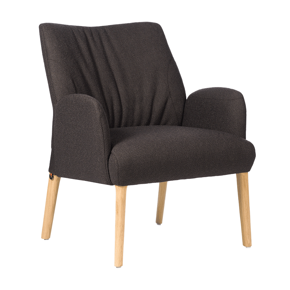 Mobitec :: Enora brown upholstered armchair with armrests, width 69 cm, wooden legs