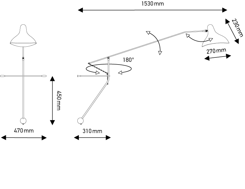 DCW:: Mantis BS2 black wall lamp, depth 153 cm