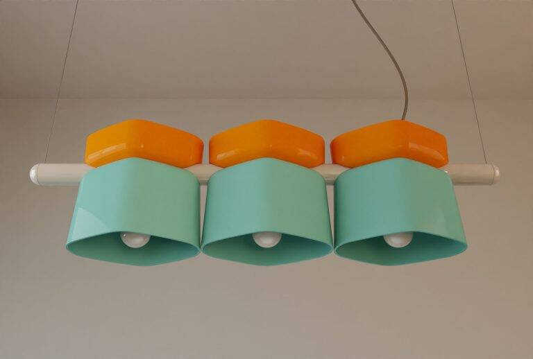 Ferroluce :: Yakitori hanging lamp, width 130 cm, green and blue