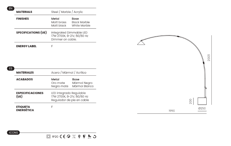 Aromas :: Lampa podłogowa Hinoo wys. 200,3 cm złoty klosz / podstawa czarny marmur