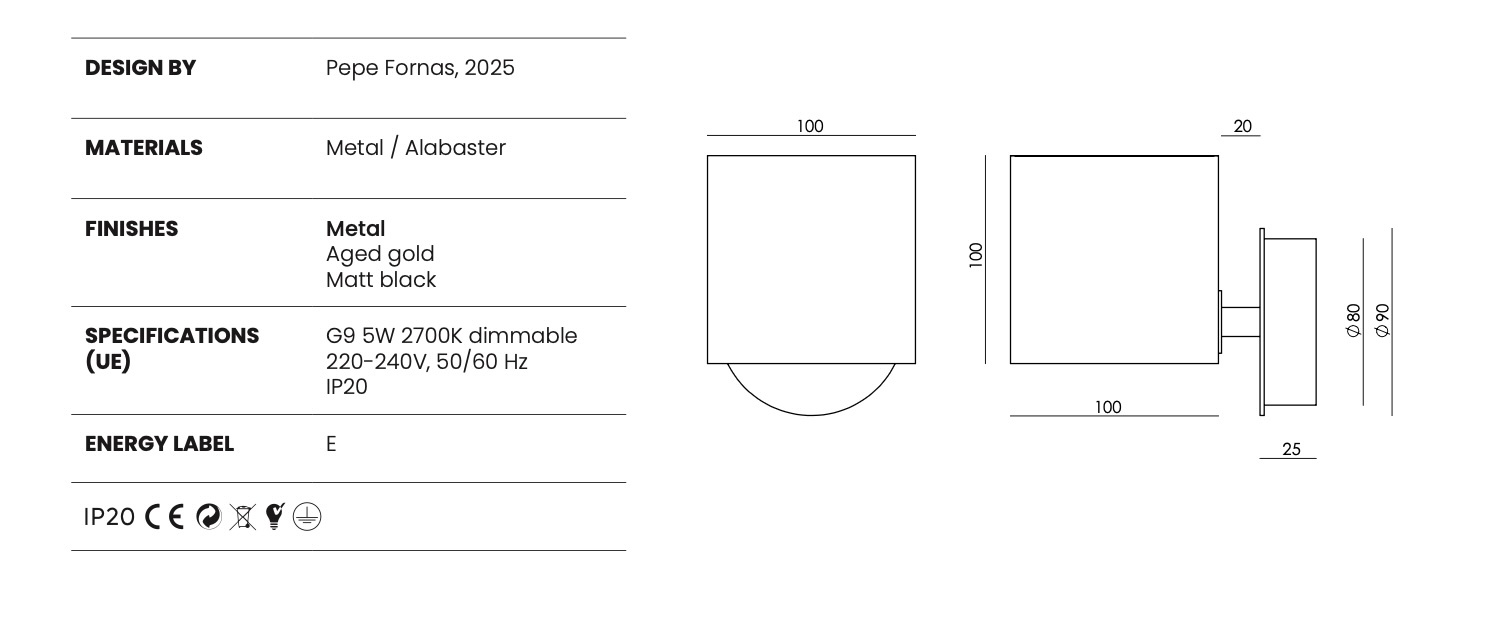 Aromas :: Lampa ścienna / kinkiet Cubic szer. 10 cm klosz alabaster / czarny metal