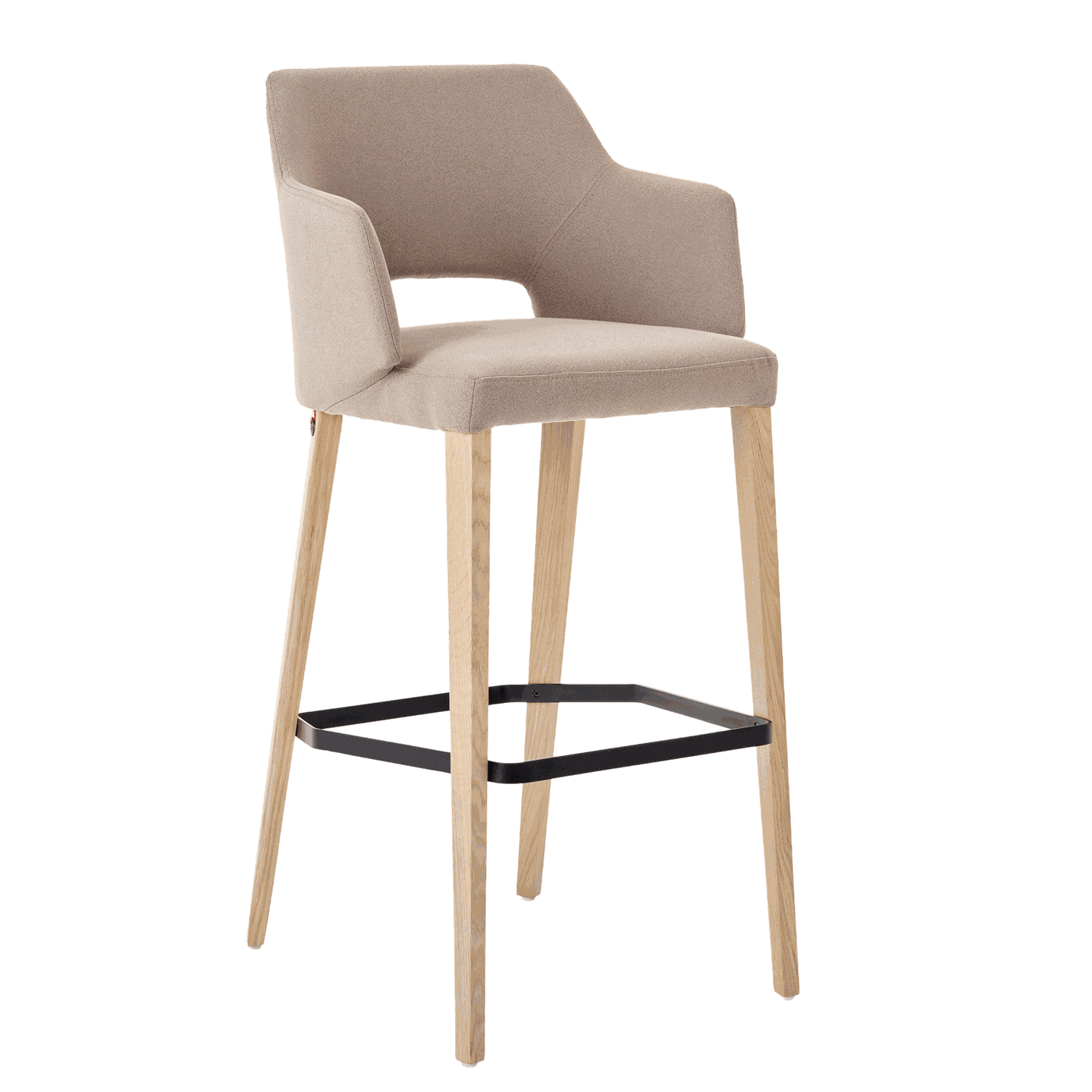 Mobitec :: Bar stool / upholstered stool Lena C08, height 113 cm, light brown, with armrests, wooden legs
