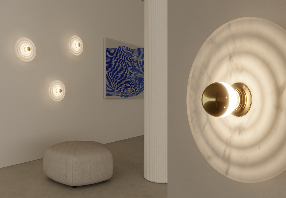 Aromas :: Wave wall lamp / sconce diameter 30 cm with silver alabaster plate silver metal