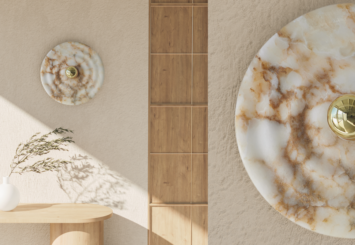 Aromas :: Wave Wandleuchte / Wandleuchte Durchmesser 30 cm mit silberner Alabasterplatte silbernes Metall