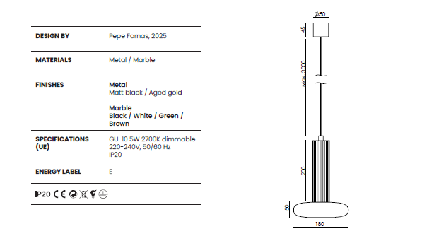 Aromas :: Lampa wisząca Hulo śr. 18 cm biały marmur / złoty metal