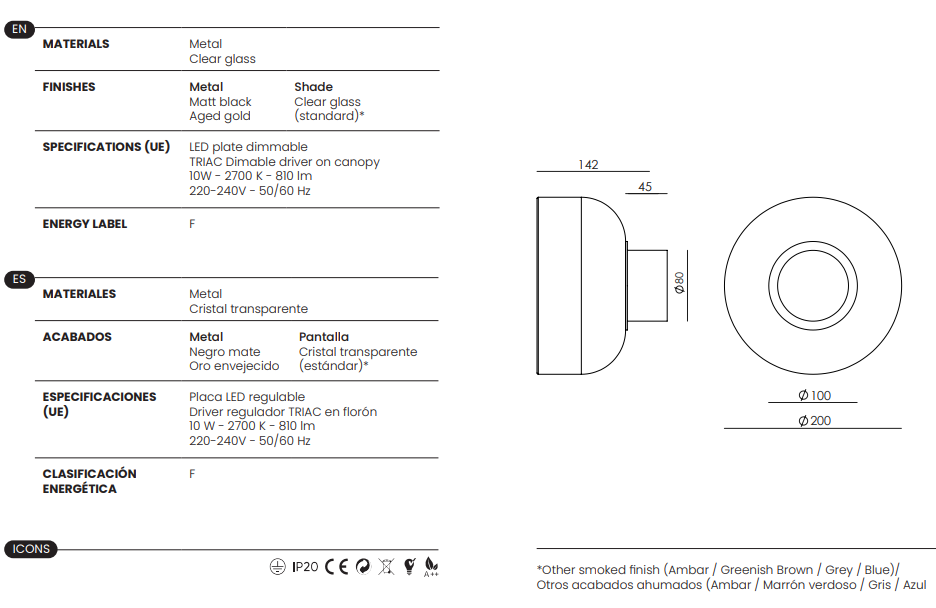 Aromas :: Ipon wall lamp / sconce, diameter 20 cm, smoked brown / black metal