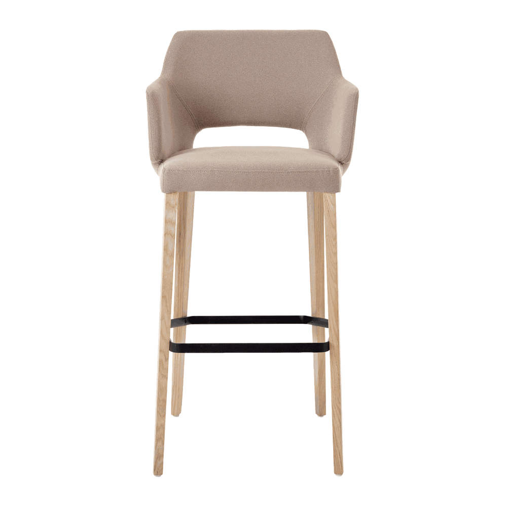 Mobitec :: Bar stool / upholstered stool Lena C08, height 113 cm, light brown, with armrests, wooden legs