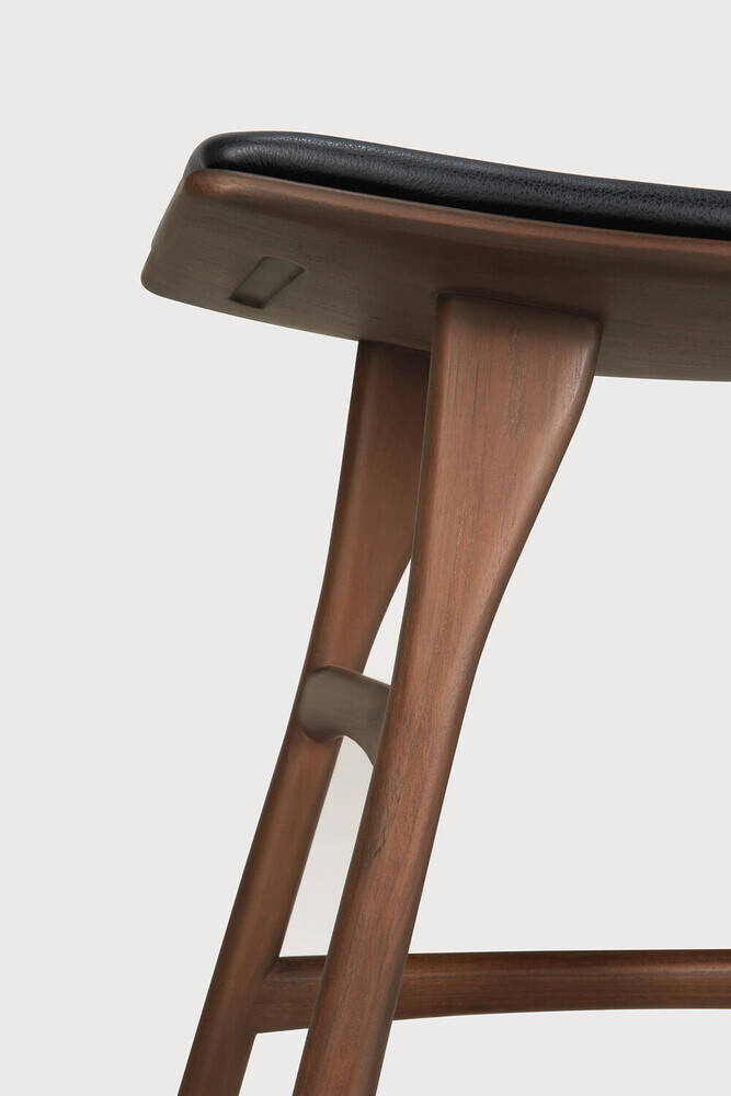 Ethnicraft :: Osso bar stool, height 52 cm, black leather, dark brown teak wood