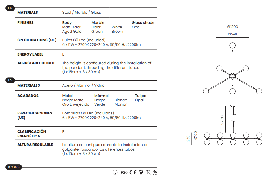 Aromas :: Dalt gold pendant lamp with brown marble