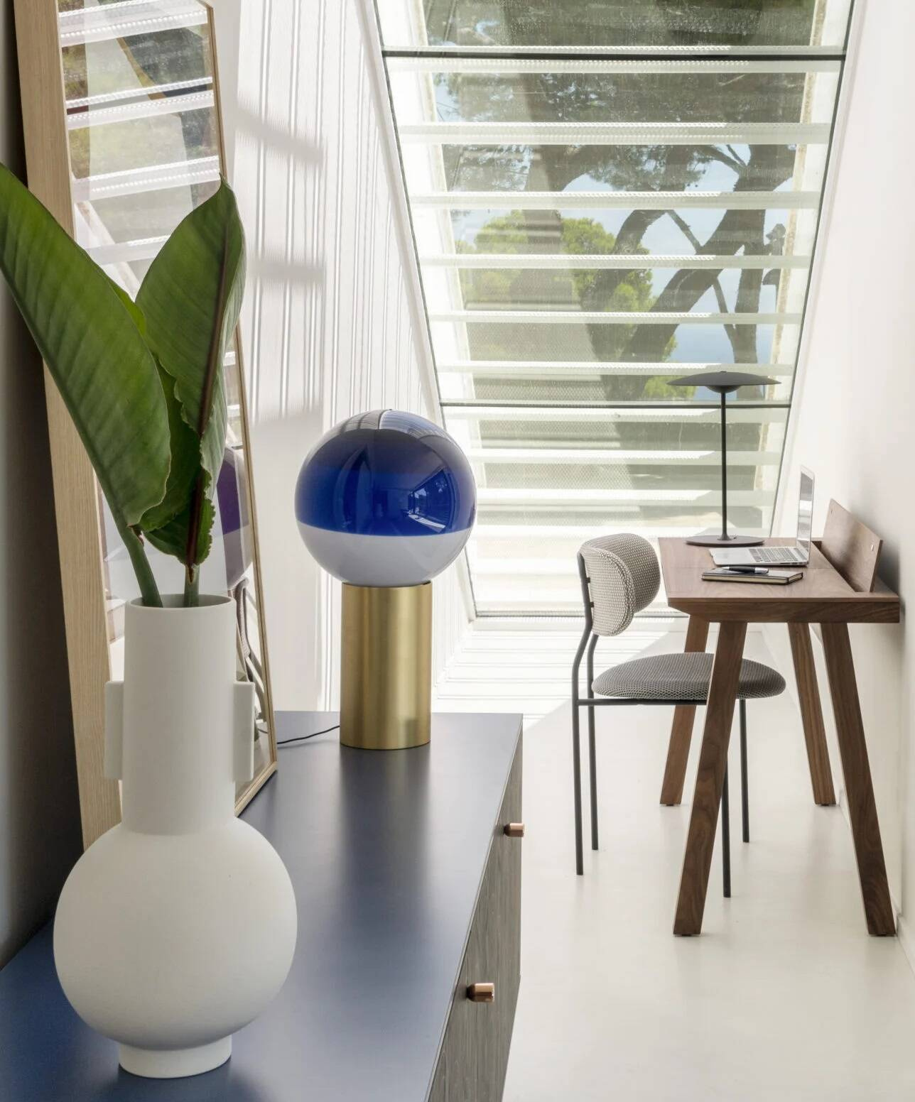 Marset :: Dipping table lamp, height 22.2 cm, blue and brass