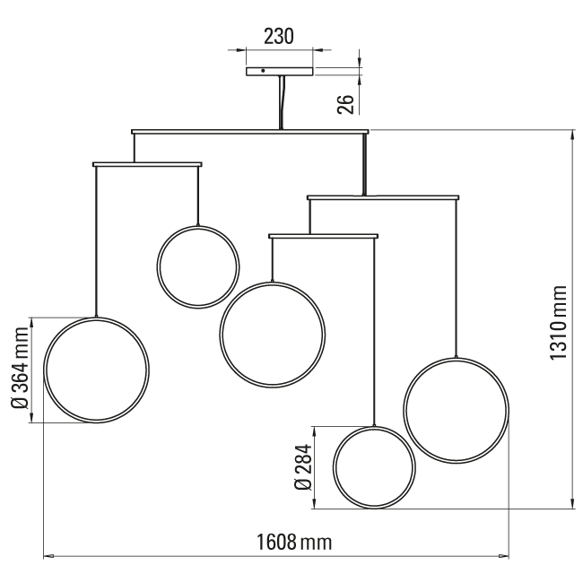 DCW:: Focus pendant lamp, 5 shades, transparent, width 160 cm