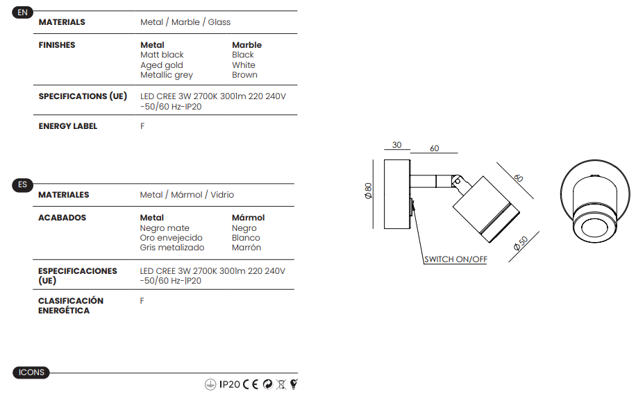 Aromas :: Lampa ścienna / kinkiet Tea śr. 5 cm szary metal / brązowy marmur