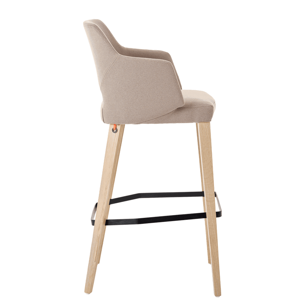 Mobitec :: Bar stool / upholstered stool Lena C08, height 113 cm, light brown, with armrests, wooden legs