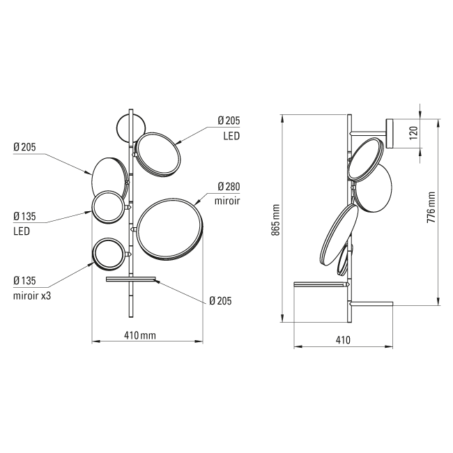 DCW::Tell Me Stories Wandleuchte mit Spiegel und Ablagen, Gold, Höhe 86,5 cm