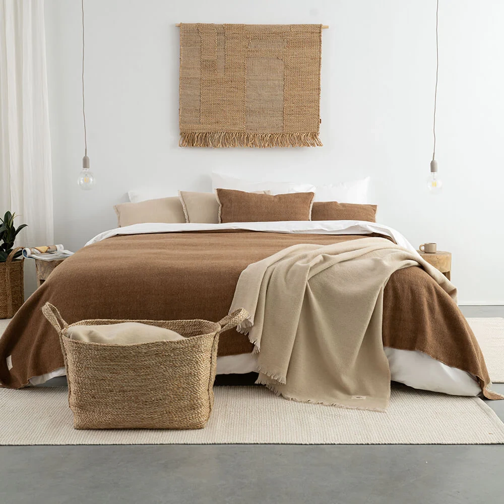 Moyha :: Wełniany pled w jodełkę beżowy 220x240 cm