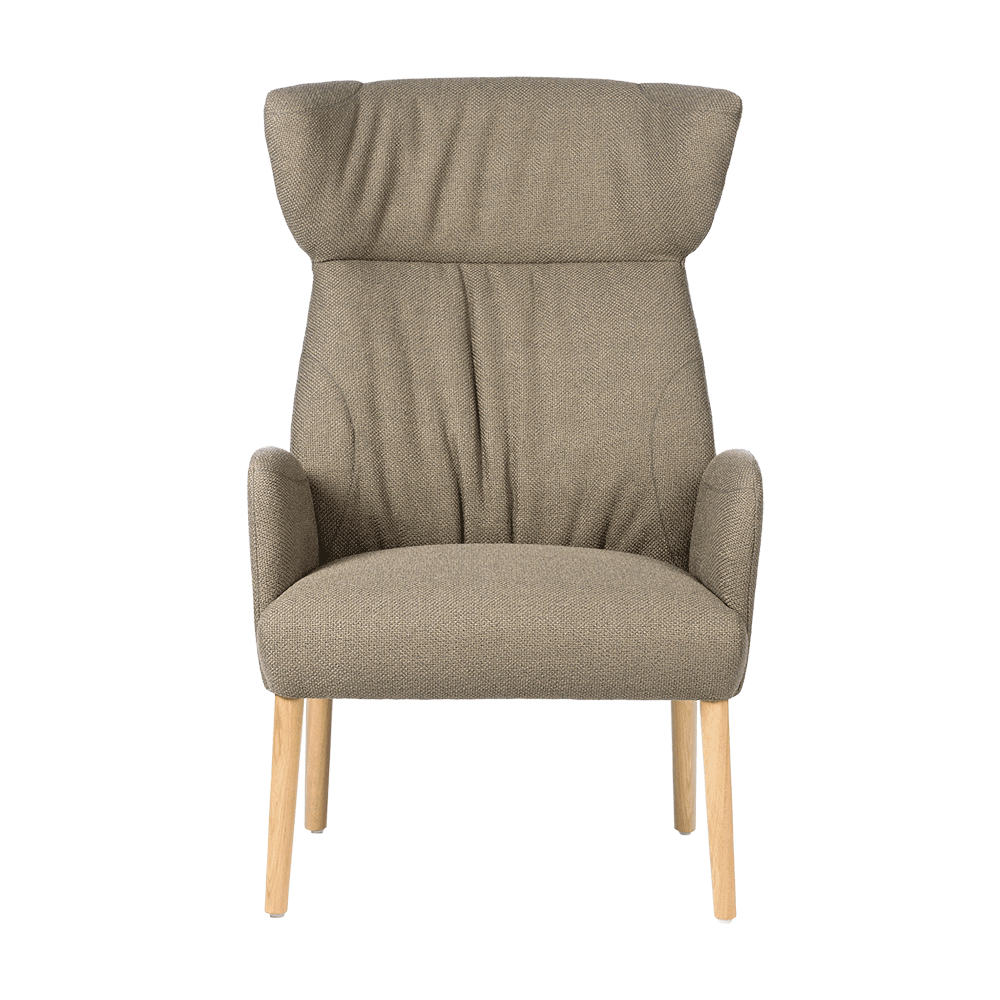 Mobitec :: Enora gray upholstered armchair with high backrest and armrests, 69 cm wide, wooden legs