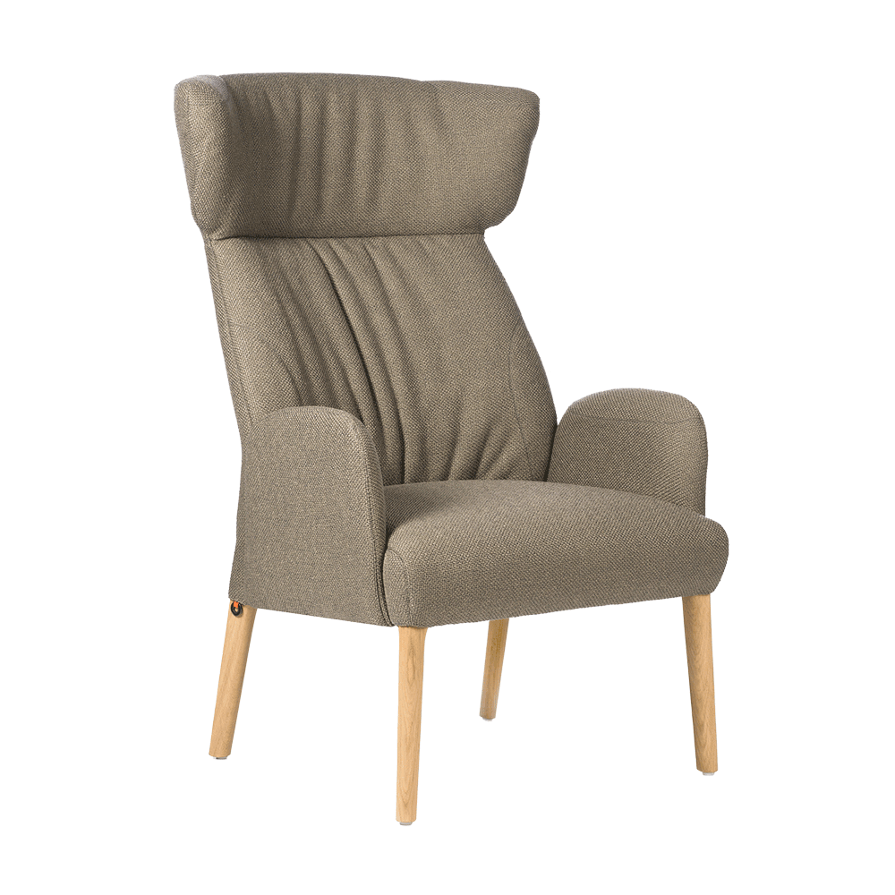 Mobitec :: Enora gray upholstered armchair with high backrest and armrests, 69 cm wide, wooden legs