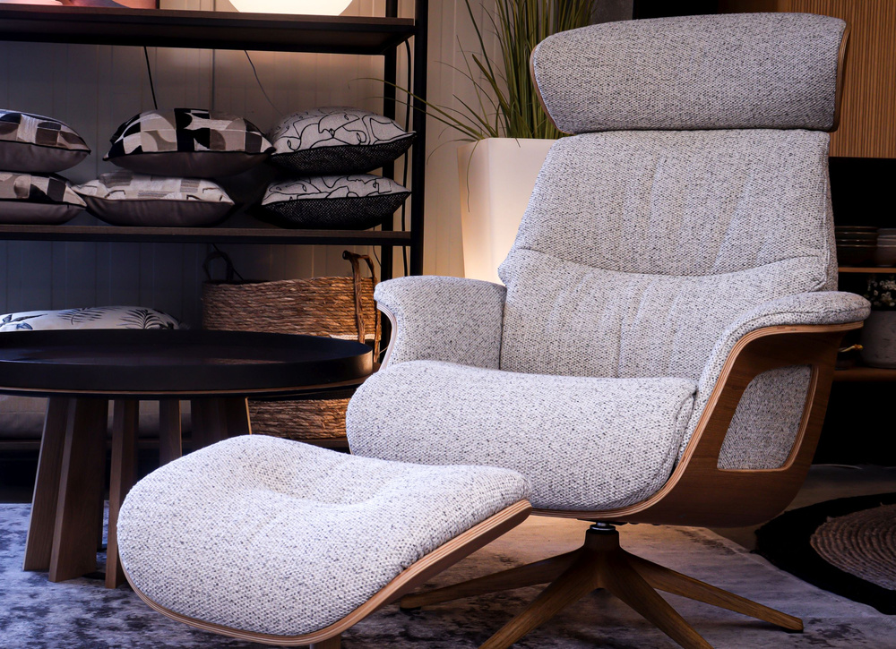 Flexlux :: Clement upholstered reclining armchair with footstool, gray-oak, medium size