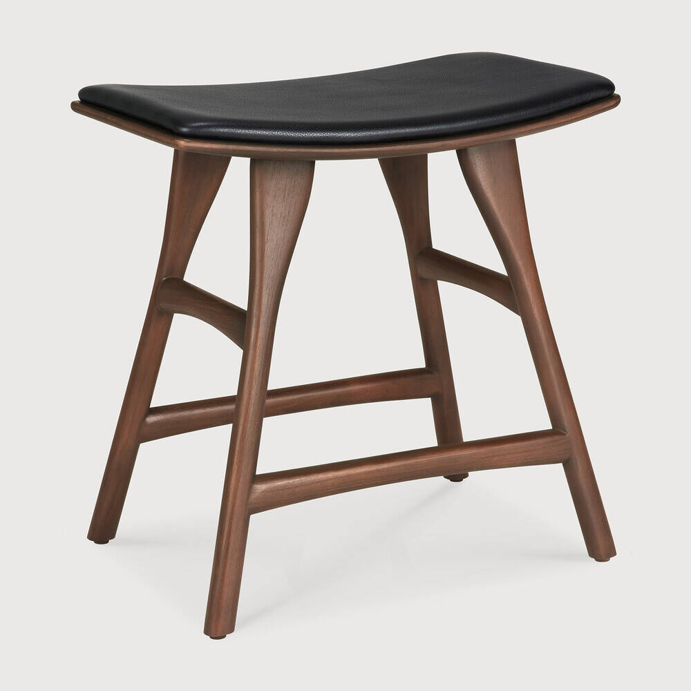 Ethnicraft :: Osso bar stool, height 52 cm, black leather, dark brown teak wood