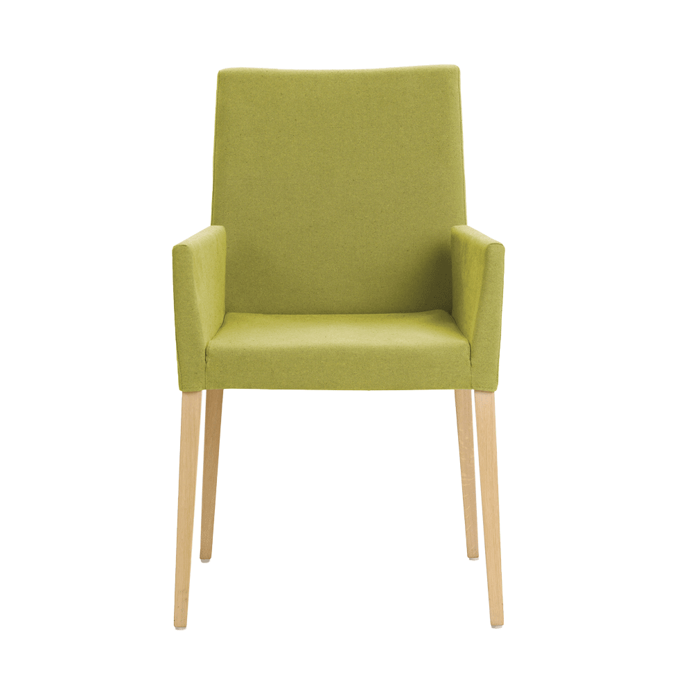 Mobitec :: Slim C06 green upholstered chair with armrests, 55 cm wide, wooden legs