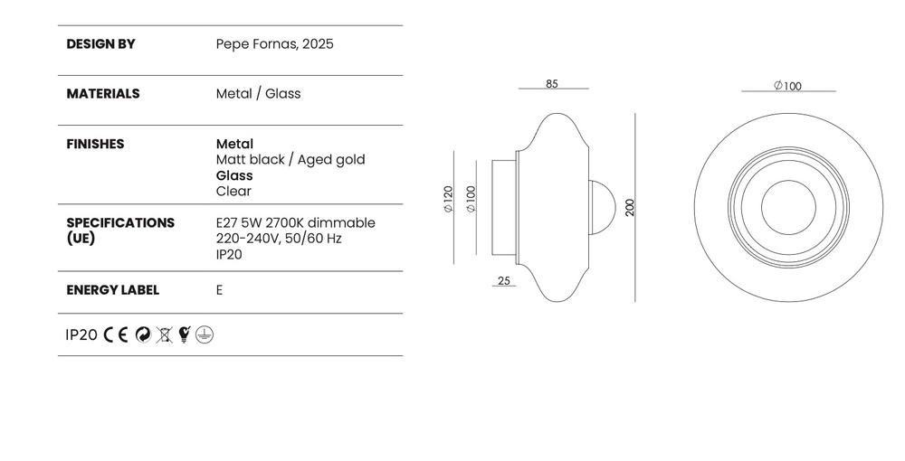 Aromas :: Lampa ścienna / kinkiet Vitree śr. 20 cm transparentne szkło / złoty metal