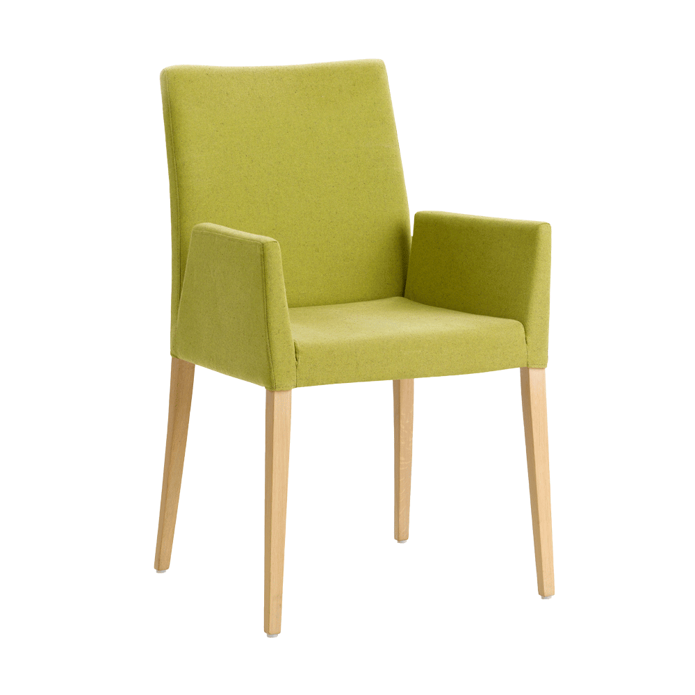 Mobitec :: Slim C06 green upholstered chair with armrests, 55 cm wide, wooden legs