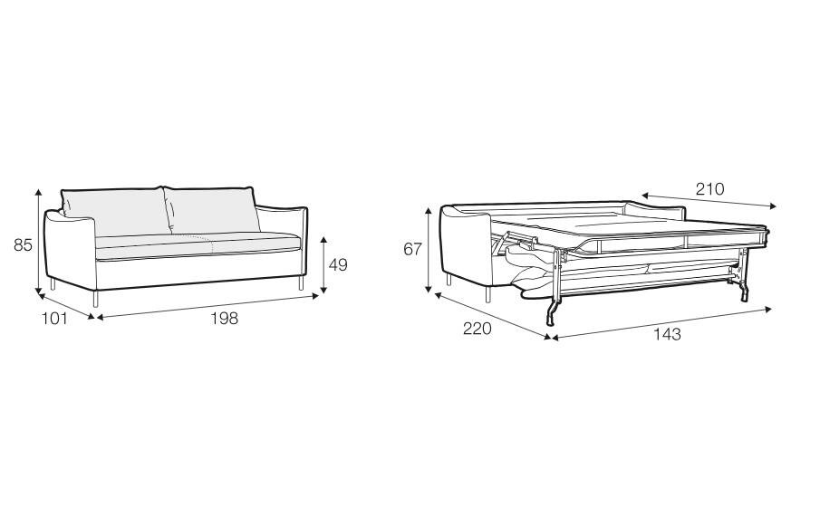 Sits :: Frances upholstered sofa with sleeping function and two pillows, brown, width 198 cm