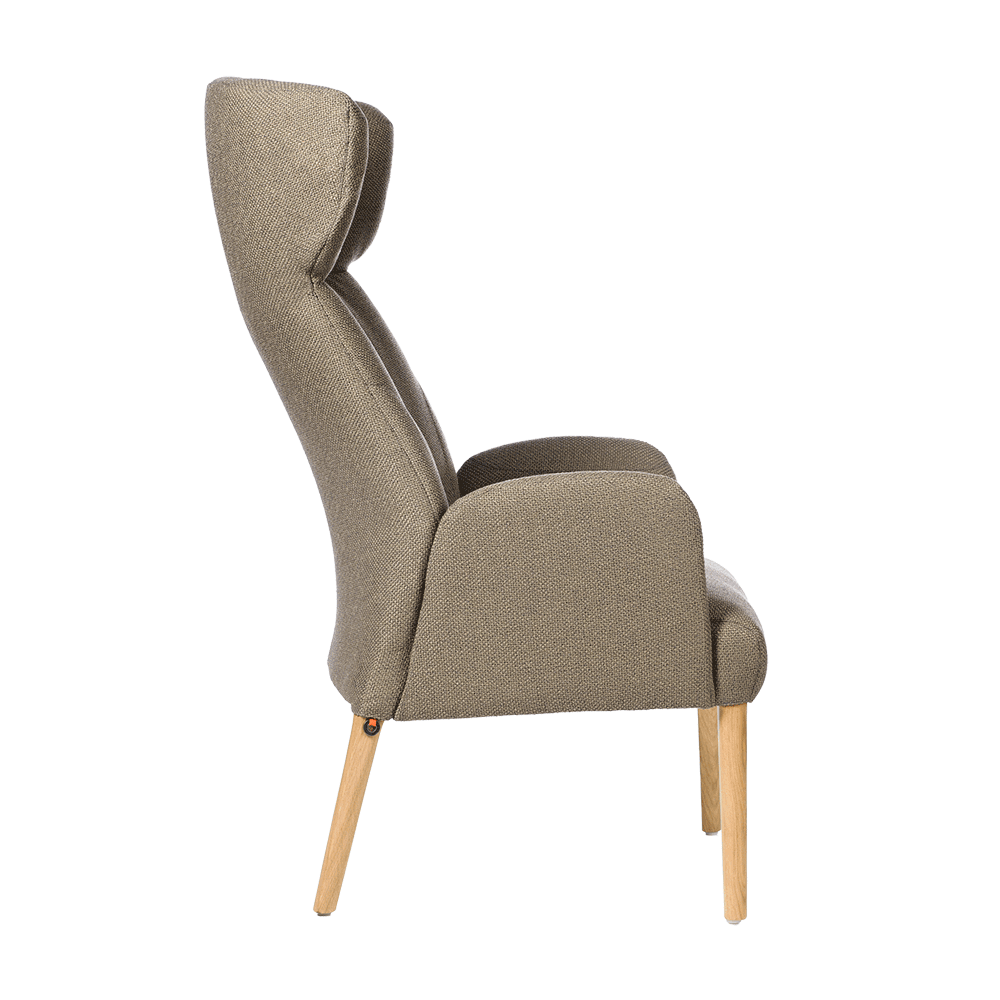 Mobitec :: Enora gray upholstered armchair with high backrest and armrests, 69 cm wide, wooden legs
